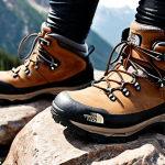 A close-up shot of hiking boots from The North Face on a rocky mountain trail, emphasizing the sole's grip and overall ruggedness. Focus on durability and stability.