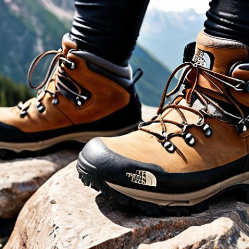 Home 4 A close-up shot of hiking boots from The North Face on a rocky mountain trail, emphasizing the sole's grip and overall ruggedness. Focus on durability and stability.
