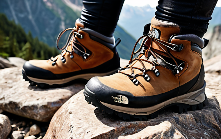 A close-up shot of hiking boots from The North Face on a rocky mountain trail, emphasizing the sole's grip and overall ruggedness. Focus on durability and stability.