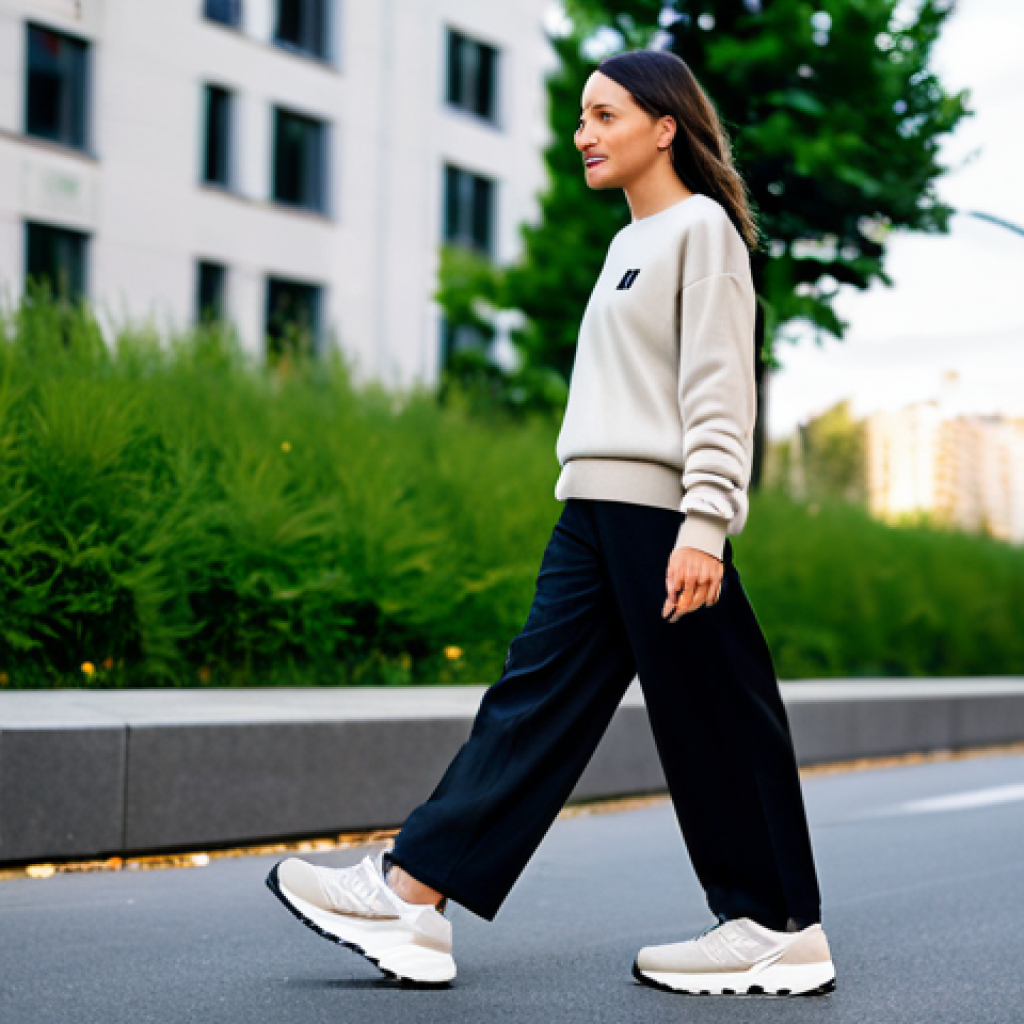 A stylish individual, fully clothed in a modest yet fashionable casual outfit, consisting of a neutral-toned oversized sweater and tailored wide-leg pants. They are walking gracefully on an urban street, showcasing classic New Balance 327 sneakers with a prominent 'N' logo and a slightly extended outsole. The background features blurred modern city architecture and green trees, creating a relaxed, everyday scene. The image emphasizes comfortable, natural proportions, with perfect anatomy, well-formed hands, and proper finger count. Professional lighting, high-quality street photography. safe for work, appropriate content, fully clothed, family-friendly.