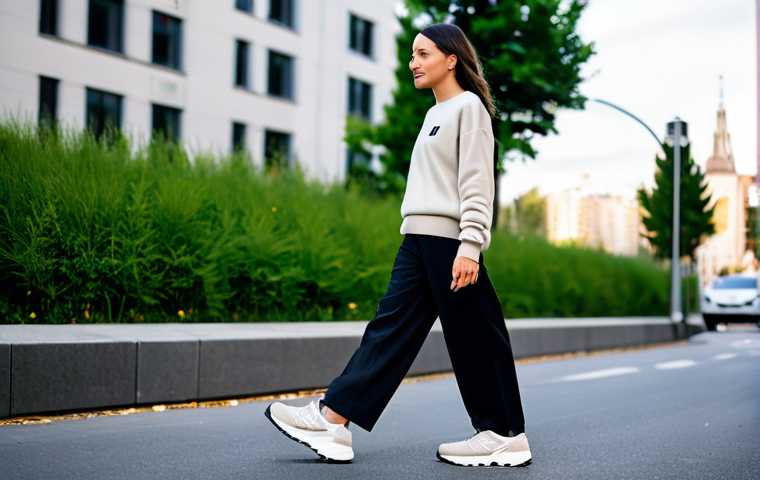 A stylish individual, fully clothed in a modest yet fashionable casual outfit, consisting of a neutral-toned oversized sweater and tailored wide-leg pants. They are walking gracefully on an urban street, showcasing classic New Balance 327 sneakers with a prominent 'N' logo and a slightly extended outsole. The background features blurred modern city architecture and green trees, creating a relaxed, everyday scene. The image emphasizes comfortable, natural proportions, with perfect anatomy, well-formed hands, and proper finger count. Professional lighting, high-quality street photography. safe for work, appropriate content, fully clothed, family-friendly.