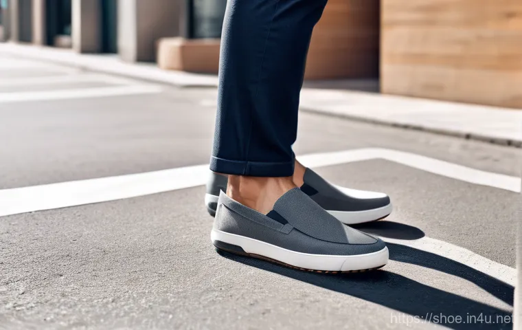 제옥스 브레서블 슈즈와 ECCO 쿨360 비교 - A gender-neutral person, dressed in smart-casual attire, confidently walking on a clean, sunlit urba...